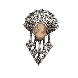 Vintage Style Faux Resin Cameo Brooch Intricate Faux Marcasite Detailing